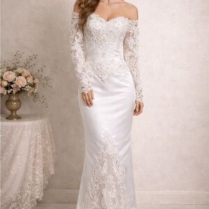 Vintage Off-the-Shoulder Lace Wedding Dress Courthouse Bridal Bow Back